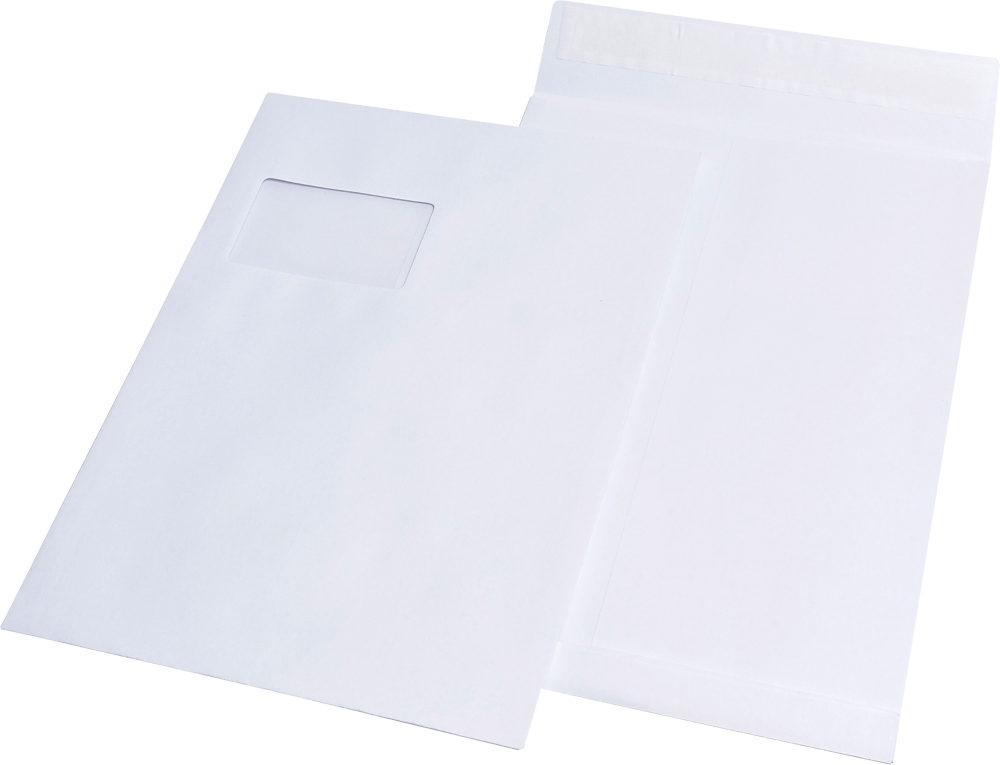 Faltentaschen DIN C4 mit Fenster, MAILmedia 30007635, Falte & Boden 20 mm, 120 g/m², haftklebend, weiß, 100 Stück