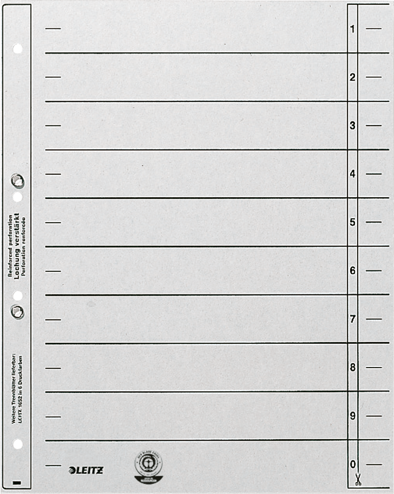 Trennblätter LEITZ 1654, DIN A4, Überbreite, Kraftkarton 200 g/m², geöst, 100 Stück, grau