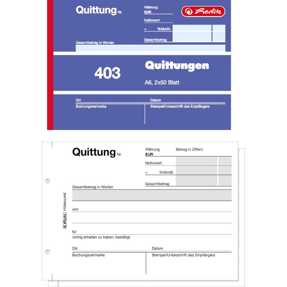 Quittungsblock Herlitz 403, MwSt. ausweisbar, DIN A6 quer, 2 x 50 Blatt, mit Blaupapier