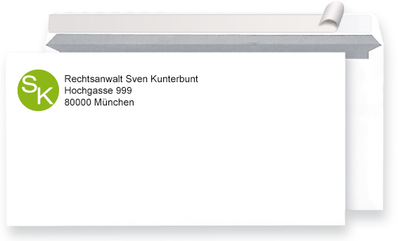 Briefumschlag DIN-lang ohne Fenster, haftklebend, weiß, CMYK-Druck: 4/4-vielfarbig