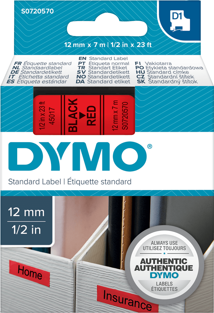 Schriftband DYMO D1 S0720570, 12 mm x 7 m, schwarz auf rot
