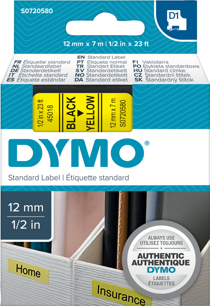 Schriftband DYMO D1 S0720580, 12 mm x 7 m, schwarz auf gelb
