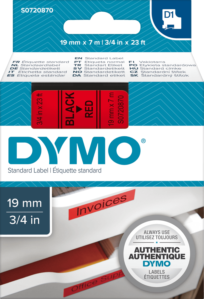 Schriftband DYMO D1 S0720870, 19 mm x 7 m, schwarz auf rot