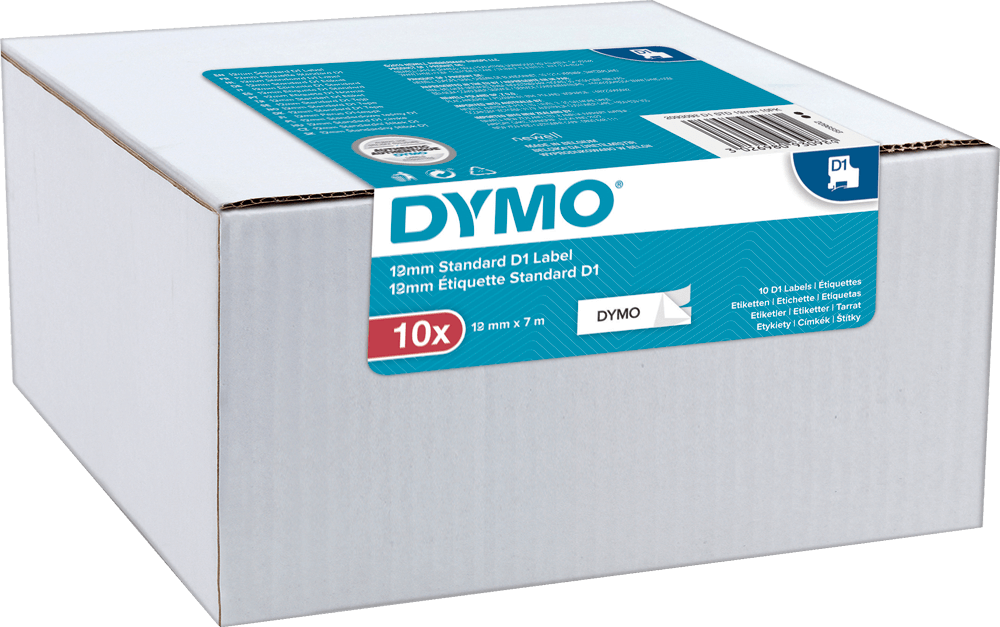 Schriftband DYMO® D1 2093097, 12 mm x 7 m, schwarz auf weiß, 10 Stück
