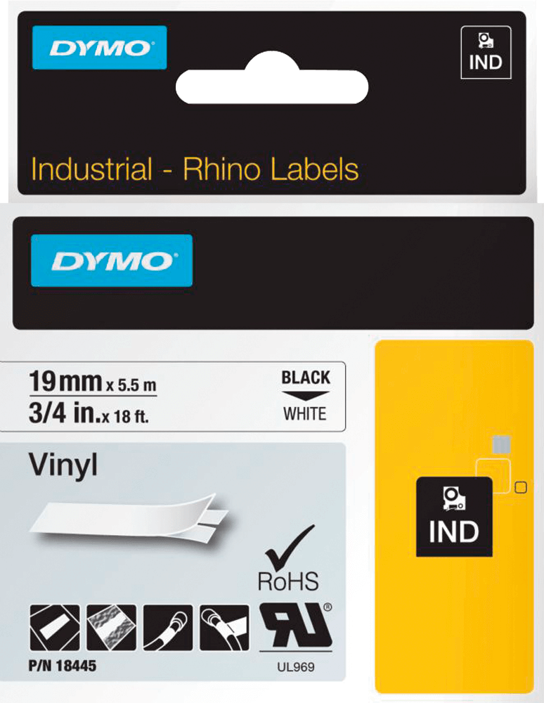 Schriftband DYMO® Rhino ID1 18445, 19 mm x 5,5 m, schwarz auf weiß