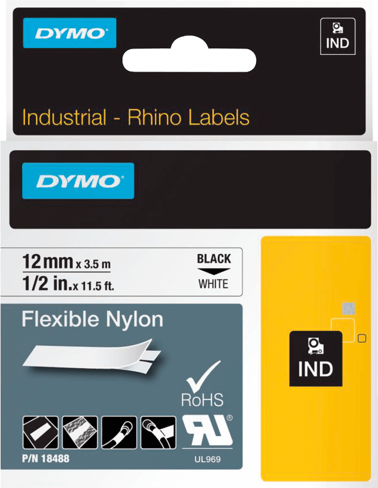 Schriftband DYMO® Rhino ID1 18488, 12 mm x 3,5 m, schwarz auf weiß