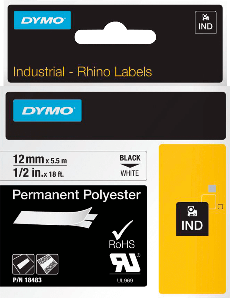 Schriftband DYMO® Rhino ID1 18483, 12 mm x 5,5 m, schwarz auf weiß