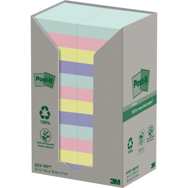 Haftnotizen Post-it® Recycling 653-1RPT, 51 x 38 mm, 24 Blöcke, Rainbow Tower