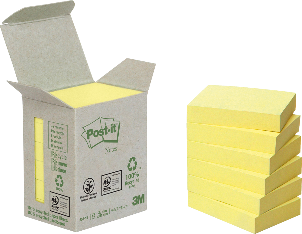 Haftnotizen Post-it® Recycling Notes 653-1B, 38 x 51 mm, 6 Blöcke, gelb