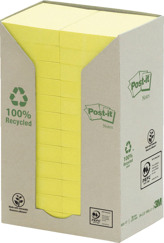 Haftnotizen Post-it® Recycling Notes 653-1T, 38 x 51 mm, 24 Blöcke, gelb
