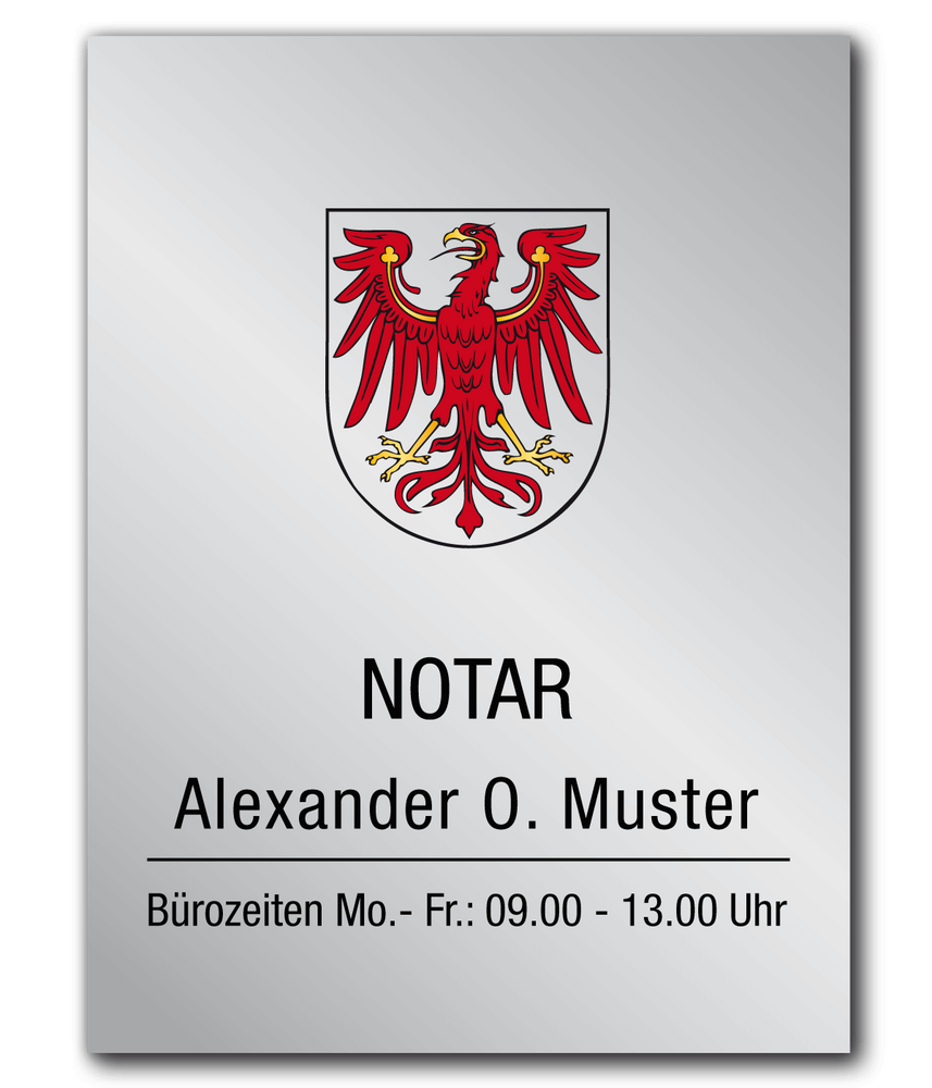 Notarschild 300 x 400 mm, Alu Dibond® Butlerfinish silber, Brandenburg