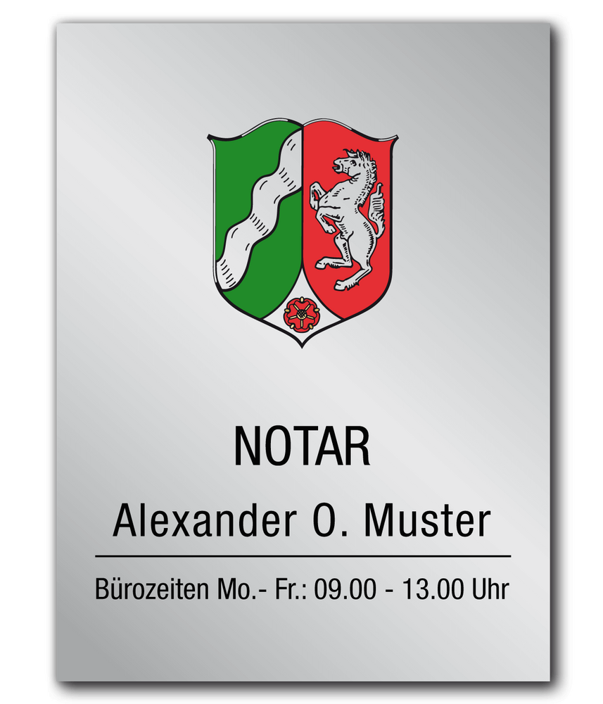 Notarschild 300 x 400 mm, Alu Dibond® Butlerfinish silber, Nordrhein-Westfalen