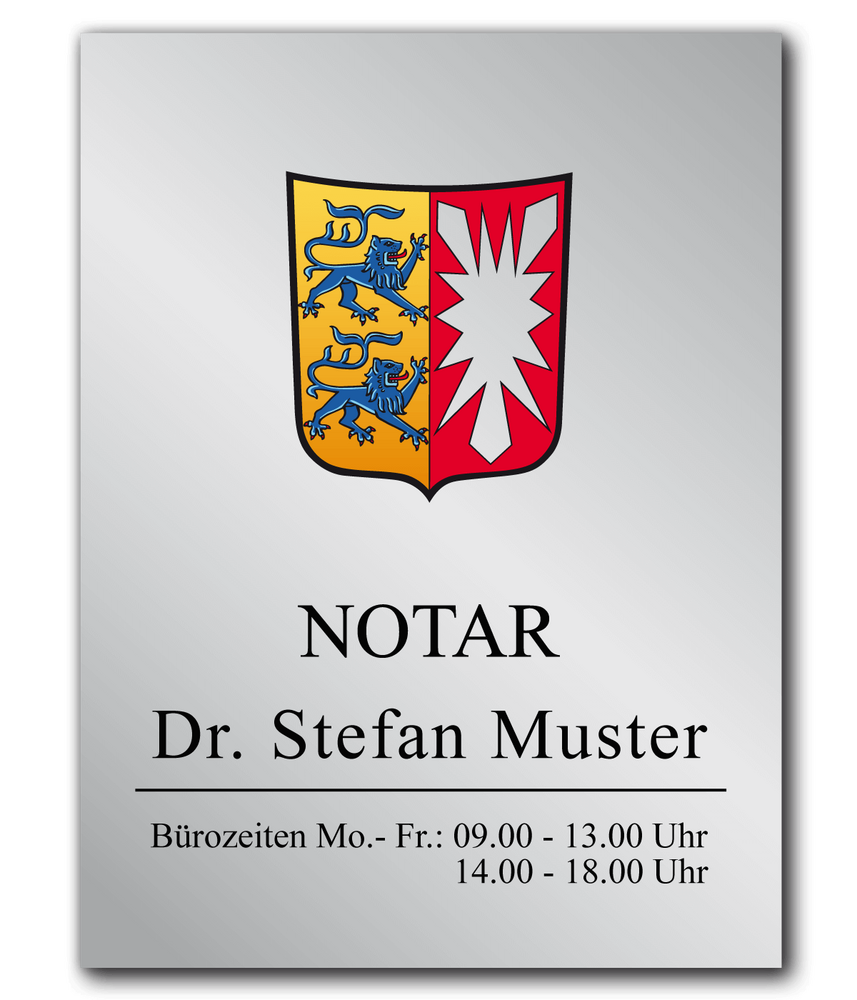 Notarschild 300 x 400 mm, Alu Dibond® Butlerfinish silber, Schleswig-Holstein