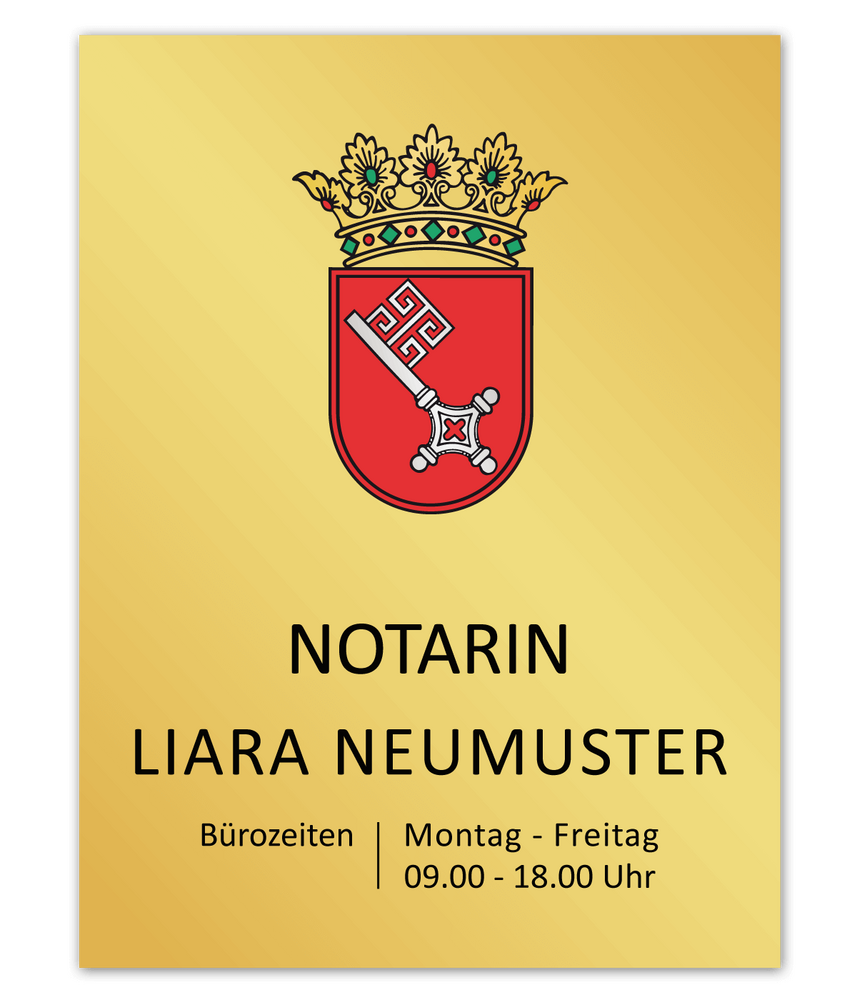 Notarschild 300 x 400 mm, Alu Dibond® Butlerfinish gold, Bremen