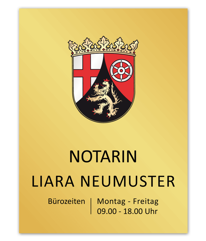 Notarschild 300 x 400 mm, Alu Dibond® Butlerfinish gold, Rheinland-Pfalz