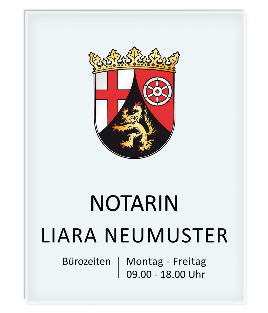 Notarschild 300 x 400 mm, Plexiglas® GS transparent, satiniert, Rheinland-Pfalz