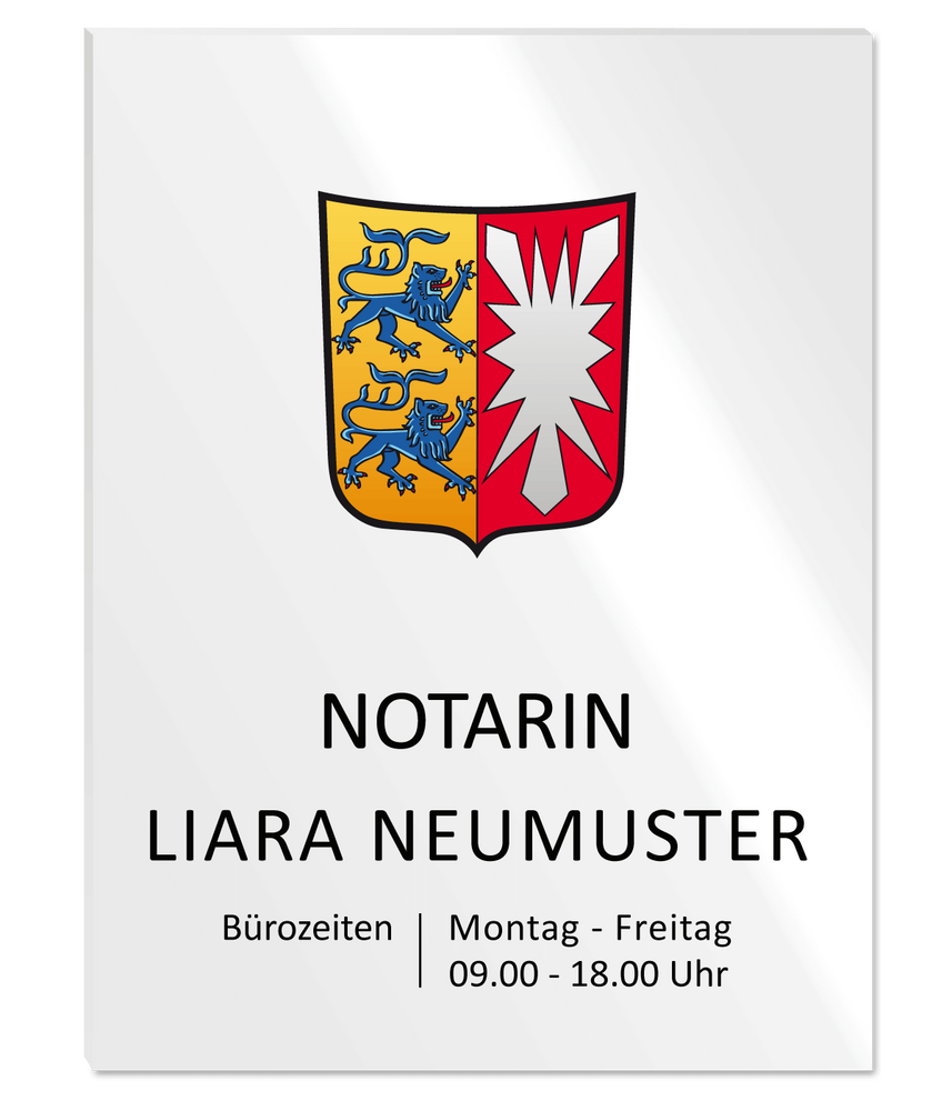 Notarschild 300 x 400 mm, Plexiglas® GS weiß, Schleswig-Holstein